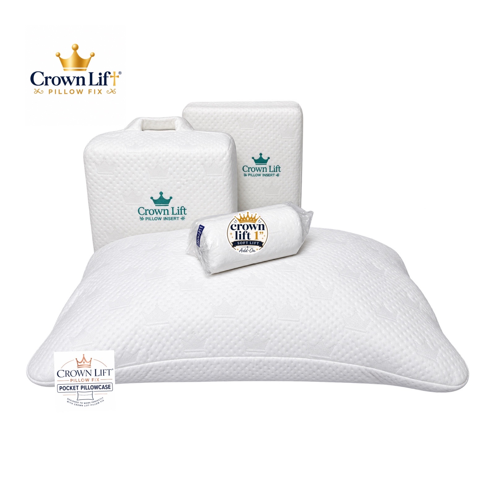 The Crown Lift pocket pillowcase with two support cores and a 1-inch soft lift add-on.