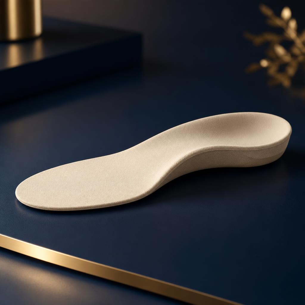 A premium shoe insole on a navy surface
