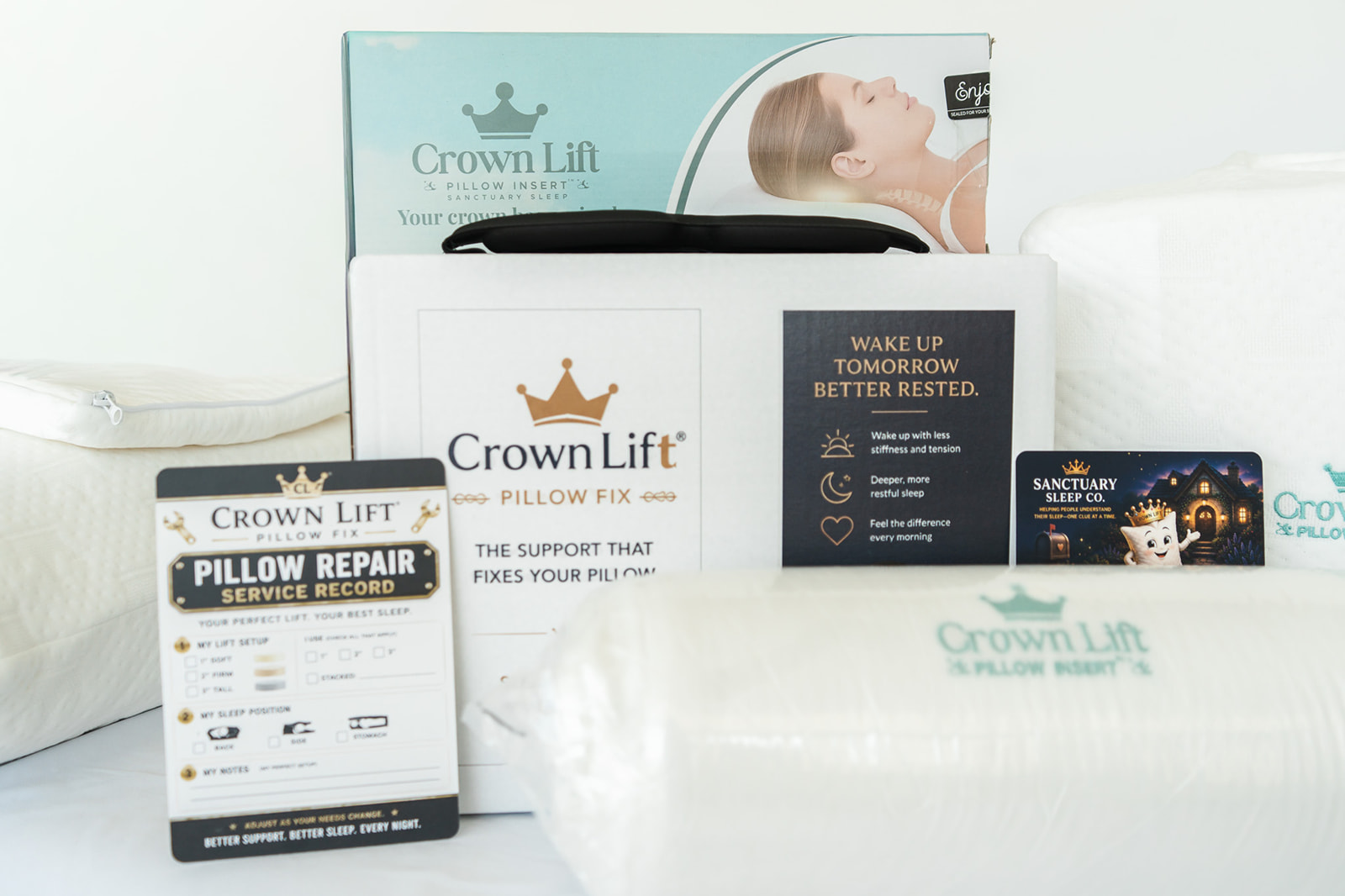 The Crown Lift System: support inserts, pocket pillowcase and travel case