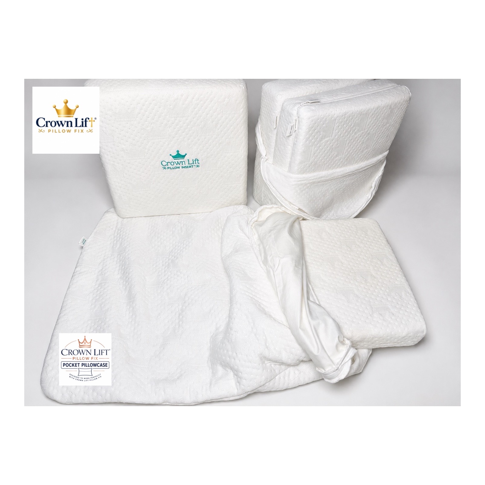 The Crown Lift Pillow Fix system: support cores and the branded pocket pillowcase laid out.