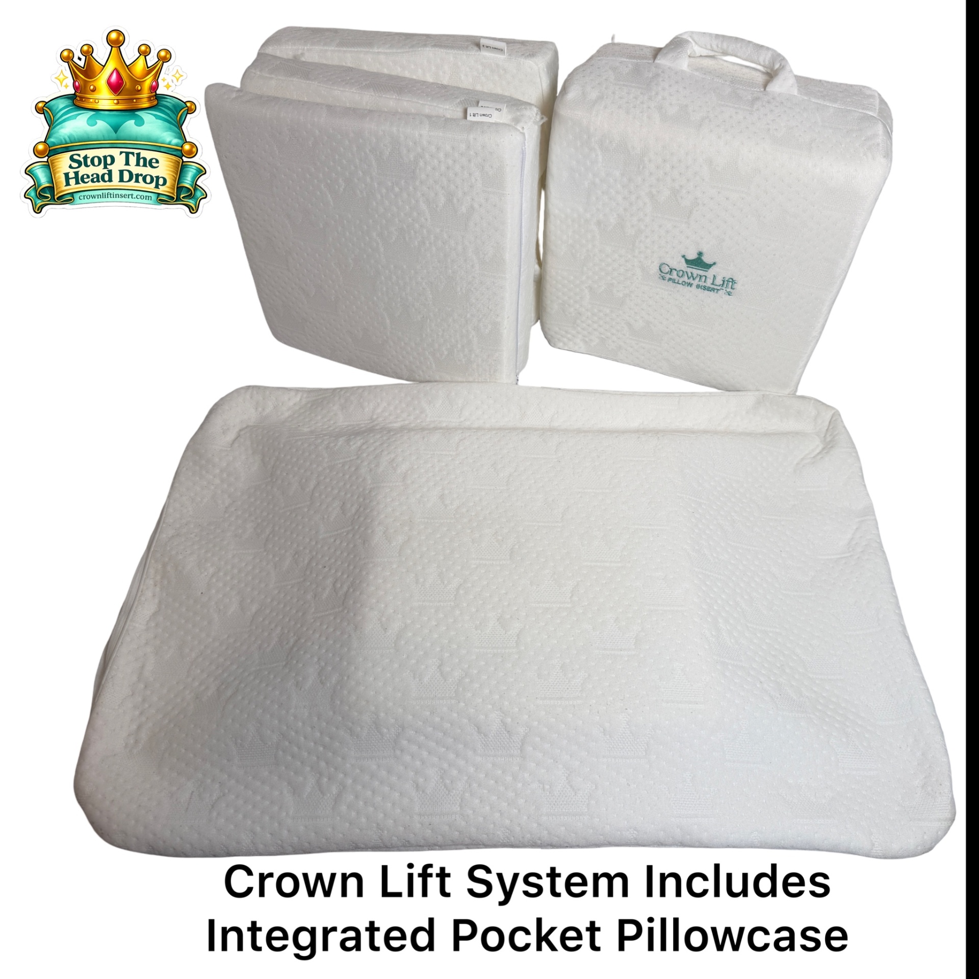 Crown Lift® system: integrated pocket pillowcase and stackable support cores